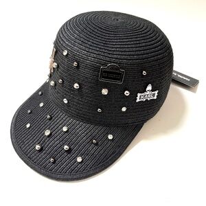 NWT Karl Lagerfeld Paris Studded Straw Cap Black Rhinestone Logo Hat L50H7939